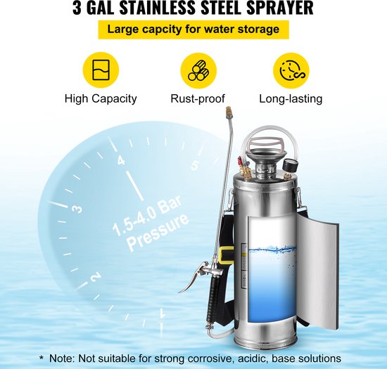 VEVOR Sproeier Rugspuit 3gal/10l Roestvrijstalen Sproeier Home Valve Pesticide Sprayer Promotion Pro van Merkloos	 — afbeelding 3