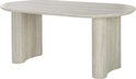 Een ovale, lichtgrijze eettafel met gecanneleerde poten, gezien vanuit een hoek.