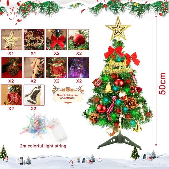 Mini Sapin De Noël 60 Cm Avec Guirlande LED, Pommes De Pin Et Boules - Décoration De Table Pour Maison, Bureau - Ambiance Festive