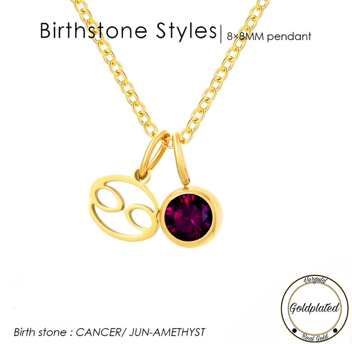 Borasi Birthstone Ketting Juni | Sterrenbeeld Kreeft | Goldplated | Paars | Dames Sieraden | Dames Ketting |