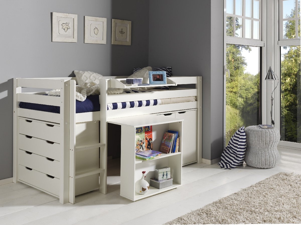 LUCEVI - Pino Halfhoogslaper + Ladder + Bureau + Commode 4 laden + Hangplank + Commode 2 deuren - Wit - 90x200 cm