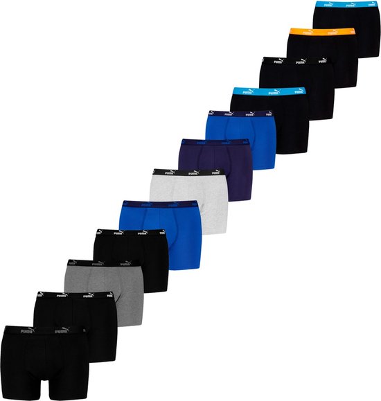 Puma 12-pack boxershorts in diverse kleuren: zwart, grijs, blauw en navy, met gekleurde taillebanden.