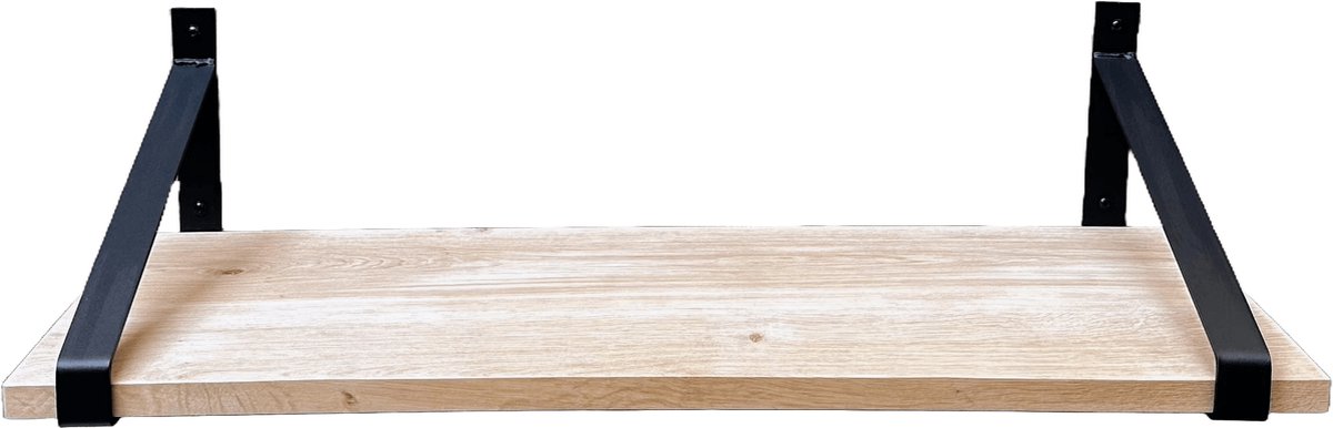 GoudmetHout Wandplank Industrieel - 80 x 40 cm Muurplank - Eiken Hout - Decoratie Wandrek & Boekenrek - Hangplank Keuken - Wall Shelf + 2 Mat Zwarte Plankdragers van Staal Licht eiken, Mat zwart