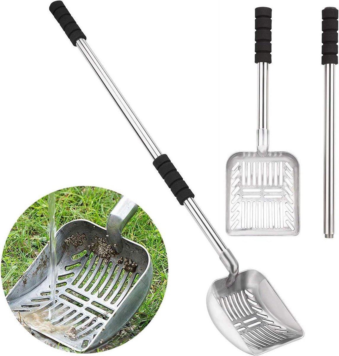 Cat litter scoop - metal with long handle - deep slide - non-stick coating - heavy duty - foam padding