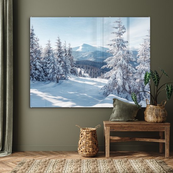 MuchoWow® Peinture sur verre 160x120 cm - Peinture sur verre acrylique - Paysage d'hiver - Nature - Berg - Arbres - Neige - Photo sur verre - Décoration murale salon - Décoration murale chambre - Peintures