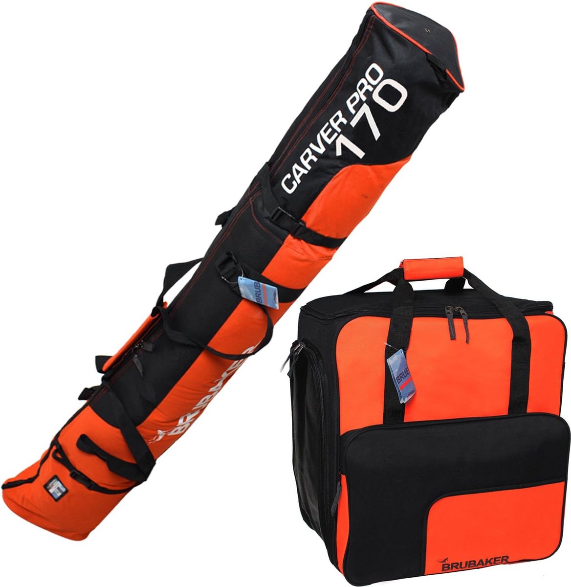 BRUBAKER combi set skitas en skischoentas voor 1 paar ski's tot 170 cm, stokken, schoenen, helm zwart oranje