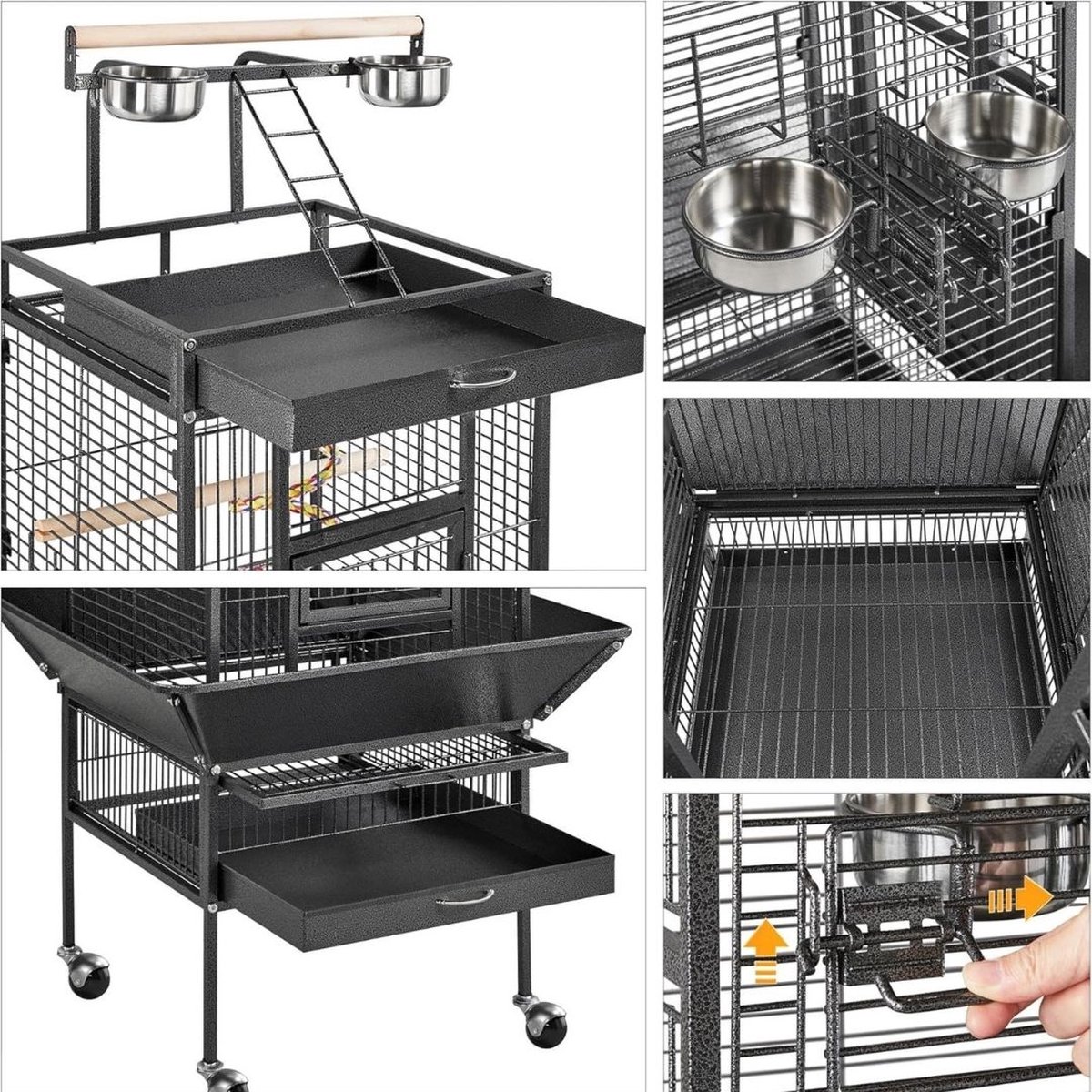 Vogelkooi - Vogelkooien Voor Binnen & Buiten - Voliere Met Opvangbak Voor Gemakkelijke Reiniging - Papegaaienkooi Op Wieltjes - Parkietenkooi 156 cm Hoog - Kooi – Vogelhuis – Vogelvoliere - 65.5 x 65.5 x 156 cm thumbnail 3
