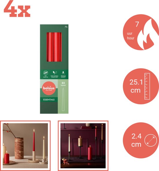 Dinerkaarsen rood 245/23 mm - voordeelverpakking