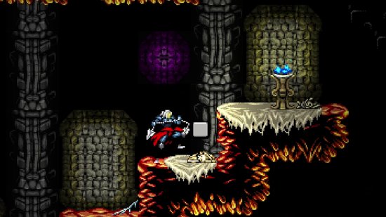 2D-gameplay: een ridder met een rode cape springt tussen platforms in een donkere, stenen kerker. Een paarse kristalbol is zichtbaar.