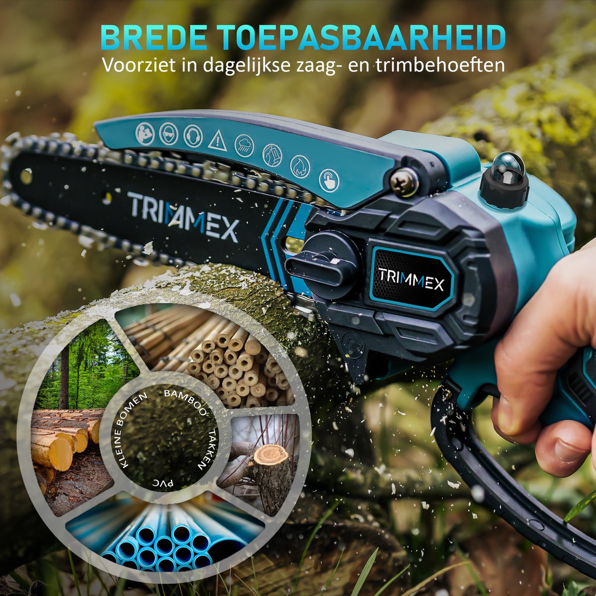 Trimmex® Mini kettingzaag Inclusief 2 Led-Accu's - 2X 4000mAh - Elektrisch Handkettingzaag - Snoeizaag - Takkenzaag - Handzaag - Boomzaag - Automatische Kettingsmering - Brushless – foto 7