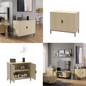 Collage van een eikenhouten dressoir met verticale ribbels. Vier afbeeldingen tonen het dressoir in een woonkamer en als losstaand meubel, met gesloten en open deuren.