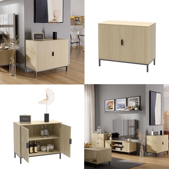 Collage van een eikenhouten dressoir met verticale ribbels. Vier afbeeldingen tonen het dressoir in een woonkamer en als losstaand meubel, met gesloten en open deuren.