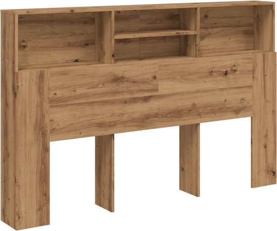 Tête de lit avec rangement en chêne, étagères ouvertes et trois pieds, sur fond blanc.