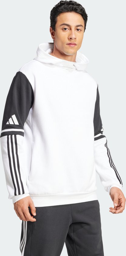 Wit sweatshirt met donkergrijze mouwen en Adidas-strepen op de mouwen.