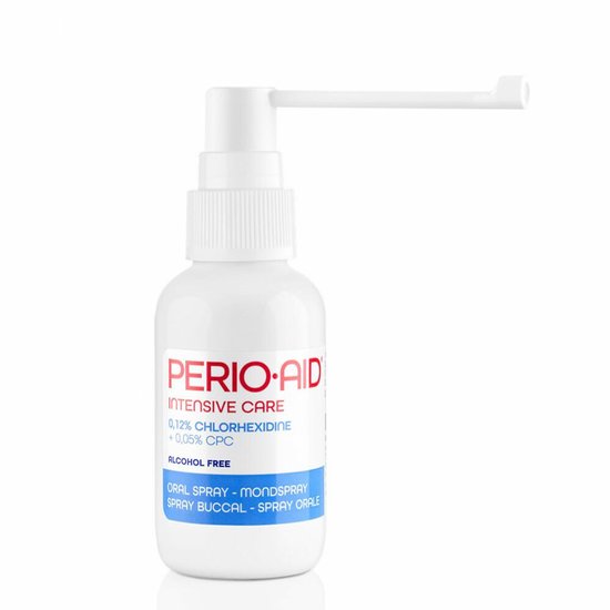 Witte fles Perio-Aid Intensive Care mondspray met lange spuit, 0.12% chloorhexidine + 0.05% CPC.
