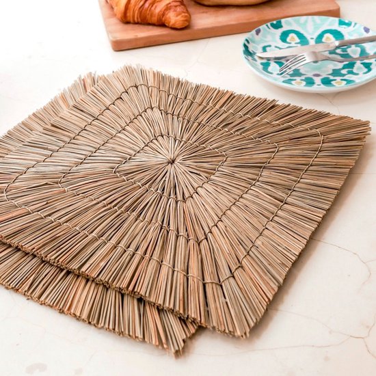 Placemats van zeegras of waterhyacint, 38 cm, set van 4, ronde placemats van natuurlijke materialen, rond, natuurlijk afwasbaar, duurzaam