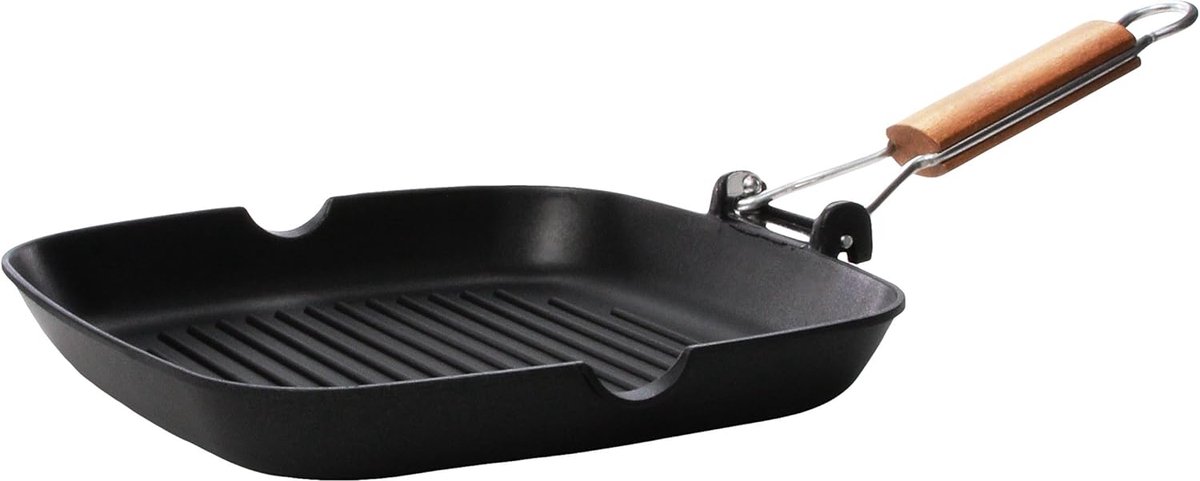 CARONI grilpan - aluminium met inklapbaar houten handvat 26 x 26 cm