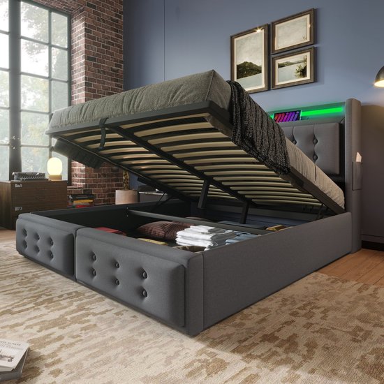 Lit double Merax 160x200 cm avec tête de lit LED et fonction de charge USB-C - Lit hydraulique avec sommier à lattes et espace de rangement - Matelas inclus - Grijs