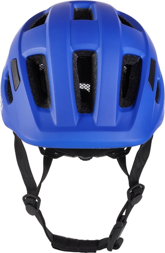 Achterkant van een blauwe fietshelm met ventilatieopeningen.