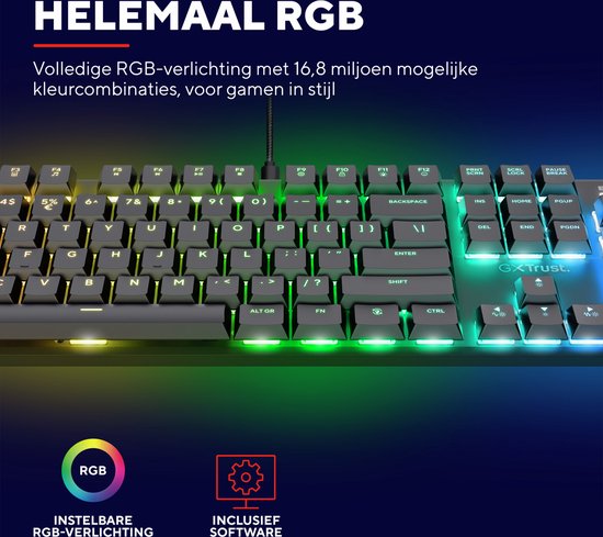 Trust GXT 868 Torix - Clavier gaming mécanique sans fil - Full RGB - Interrupteurs White - Qwerty US - Zwart