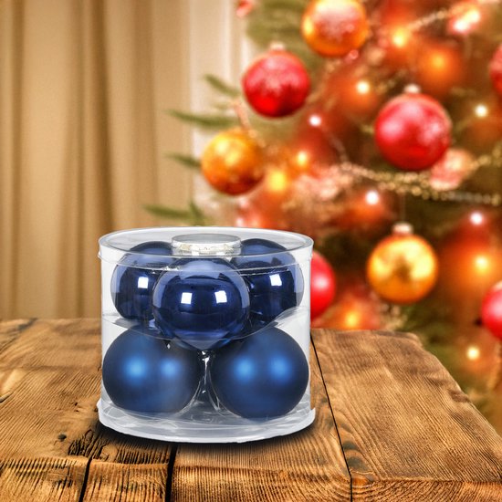 6x Boules de Noël en verre bleu foncé 10 cm brillant et mat - Décoration Décorations pour sapins de Noël bleu foncé