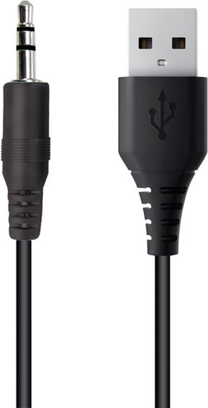 Zwarte 3.5mm audio plug en USB-stekker op zwarte kabels.