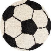 Fun Voetbal Vloerkleed Kinderkamer - Hoogpolig Speeltapijt - Zwart Wit - 100 CM ROND
