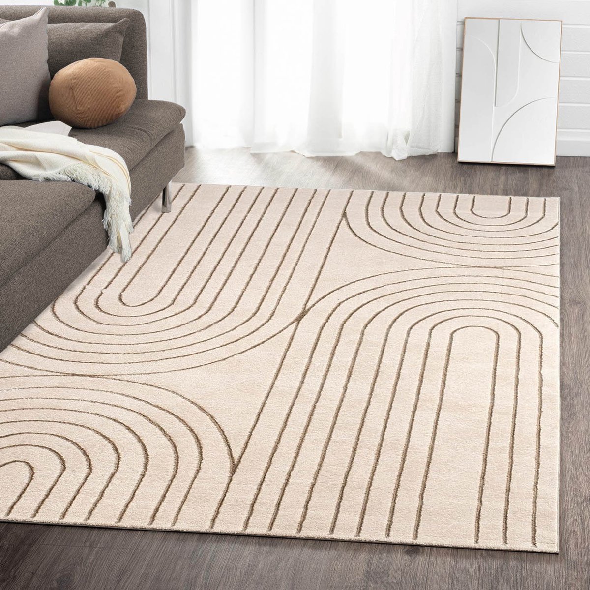 Flycarpets Evora Japandi Vloerkleed Crème / Beige – Laagpolig Tapijt Woonkamer – 240x340 cm