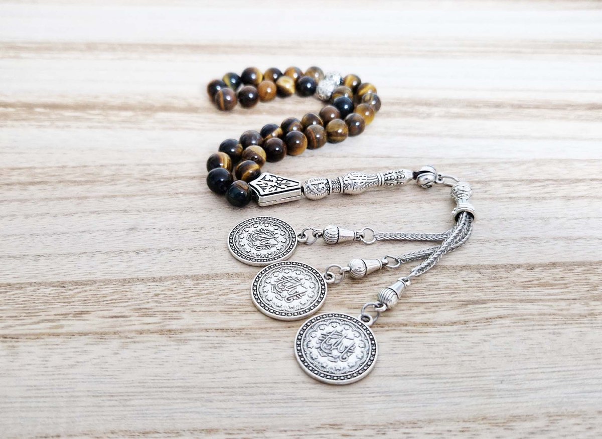 Handgemaakte tesbih "tasbih" natuursteen "Tijgeroog" - Aantal kralen 33 - Diameter kralen 8 MM - met metaal tassel "model 9" - Een mooi cadeau-idee