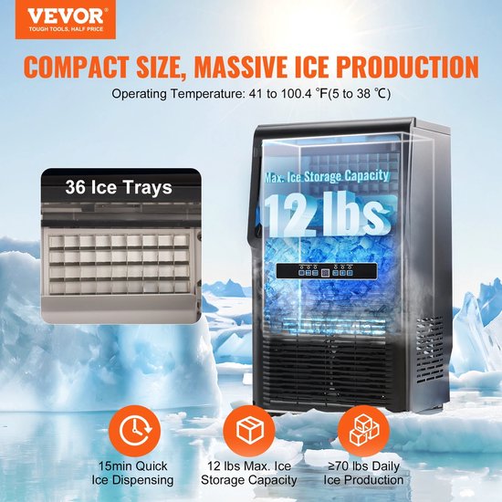 EML STORE IJsblokjesmachine - IJsmaker - 70Lbs/24H - 36 Ijsblokjes In 15 Minuten - 31 kg ijs per 24 uur - Met Waterslang en IJsschep - Zwart — afbeelding 2
