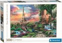 Doos van Clementoni 3000 stukjes puzzel "Droom van Parijs" met panorama van Parijs bij zonsondergang.