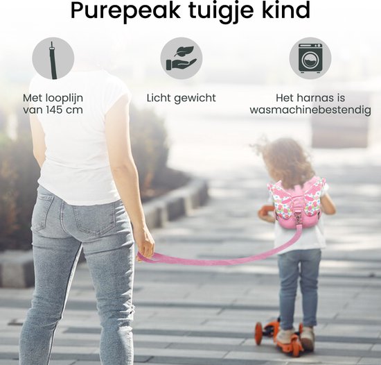 Purepeak Kindertuigje met Looplijn - Looptuigje voor Kinderen - Tuigje Kind - Roze - Vlinder van Purepeak — afbeelding 2