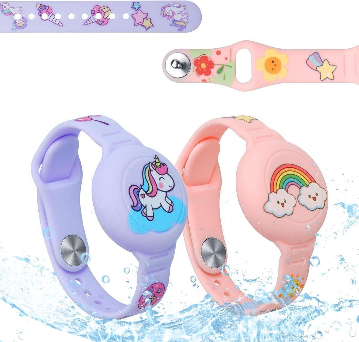 Siliconen armband Horlogeband Compatibel met Airtag - 2 stuks (New Unicorn + Pink Rainbow) .
