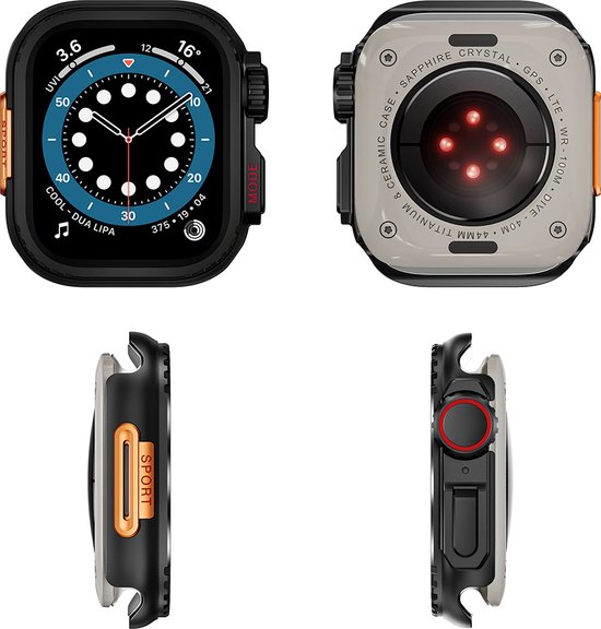 Vier weergaven van een robuuste, metalen smartwatch case met oranje accenten en de tekst "SPORT" en "MODE".