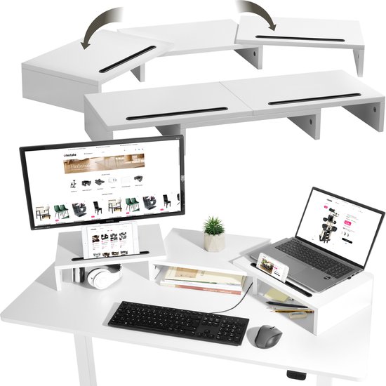 tectake® Monitor standaard - 3 delig - Inclusief Smartphonehouder - Monitorverhoger - Voor 1 of 2 Schermen - Verstelbaar - Kantooraccessoire - Bureau-organizer - Thuiskantoor