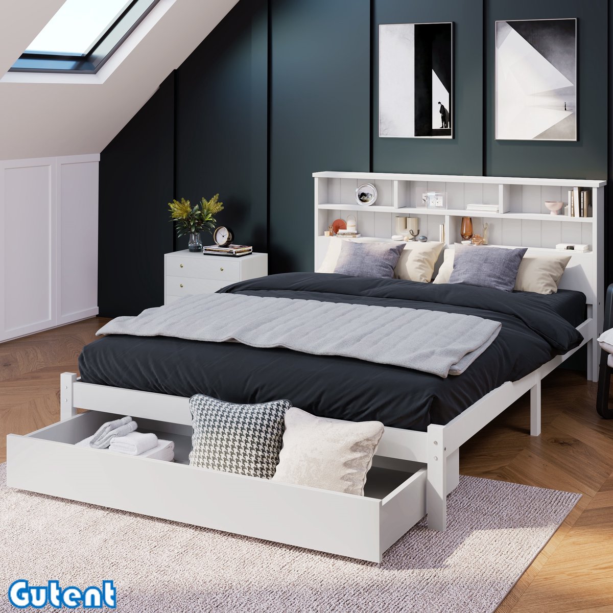Gutent Massief houten Tweepersoonsbed - met laden - Lattenbodem - 140x200 cm - Wit - Geen matras