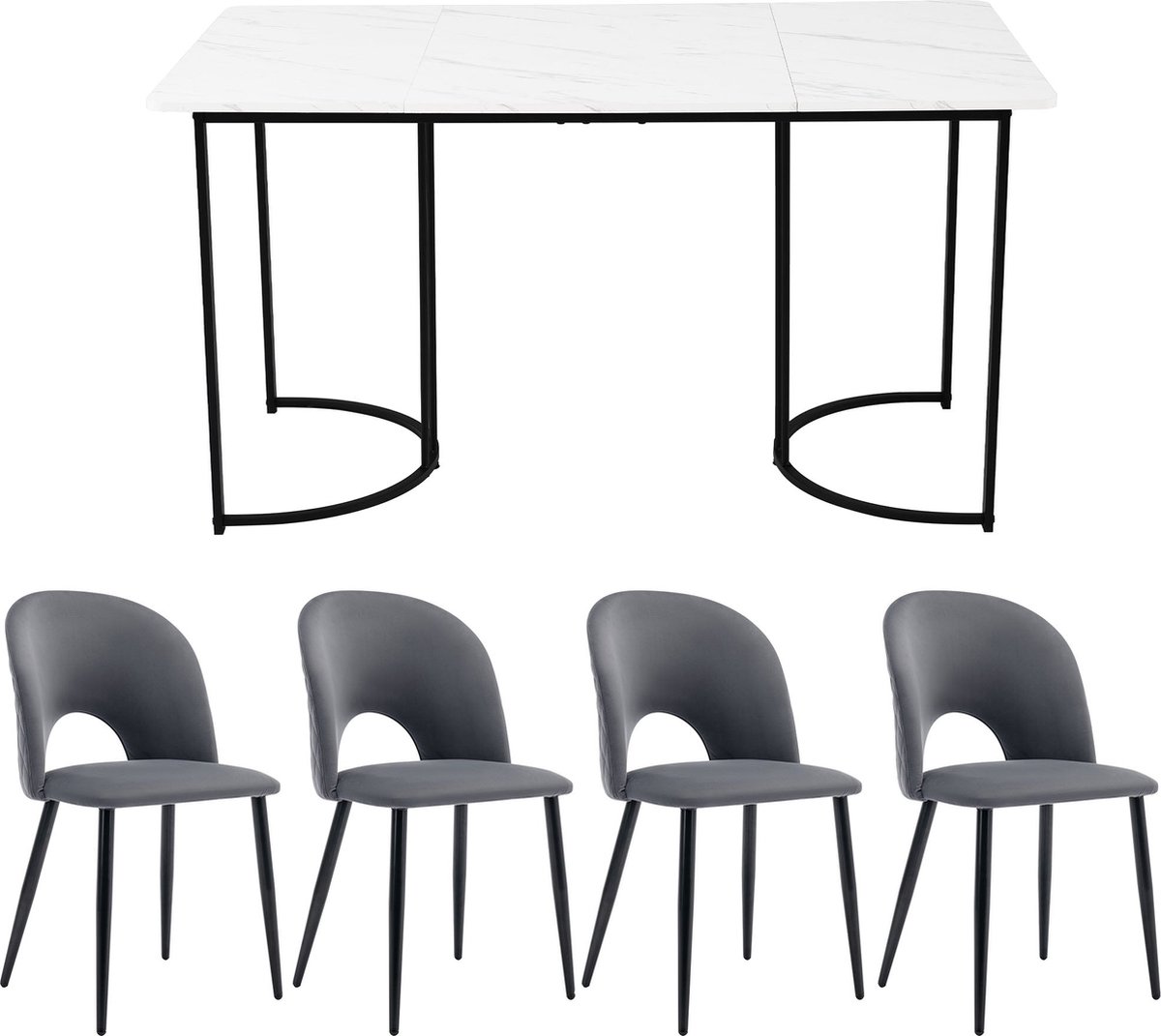 Merax Eettafelset (5-delig) – Moderne Eettafel (140×80×75 cm) met 4 Gestoffeerde Stoelen - Fluwelen Stoelen in Grijs met Ruitpatroon - MDF Tafelblad in Wit en Zwarte Metalen Poten
