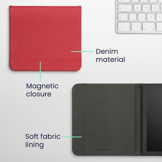 kwmobile e-reader hoesje geschikt voor Kobo Libra Colour hoes - E reader flip case met magneetsluiting - Ereader cover - Denim design in rood van kwmobile — afbeelding 3