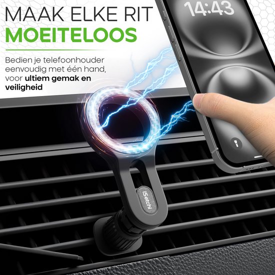 Zwarte iSetchi MagSnap ventilatieroosterhouder met iPhone, in een auto-interieur.