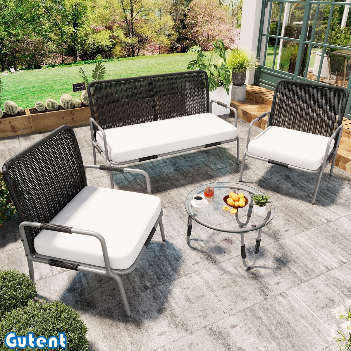 Gutent Tuinzitset-4pax-met-fauteuil-koffietafel en kussens-Grijs