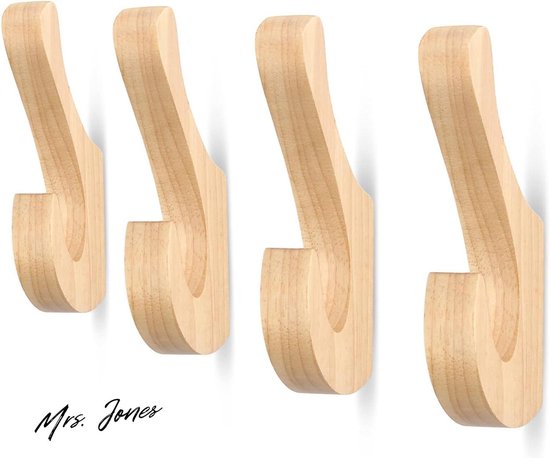 Houten garderobehaken, set van 4, houten kledinghaken, ronde decoratieve houten haken van beuken- en walnoot, robuuste wandhaken van hout voor jassen, tassen en handdoeken (donker walnoot