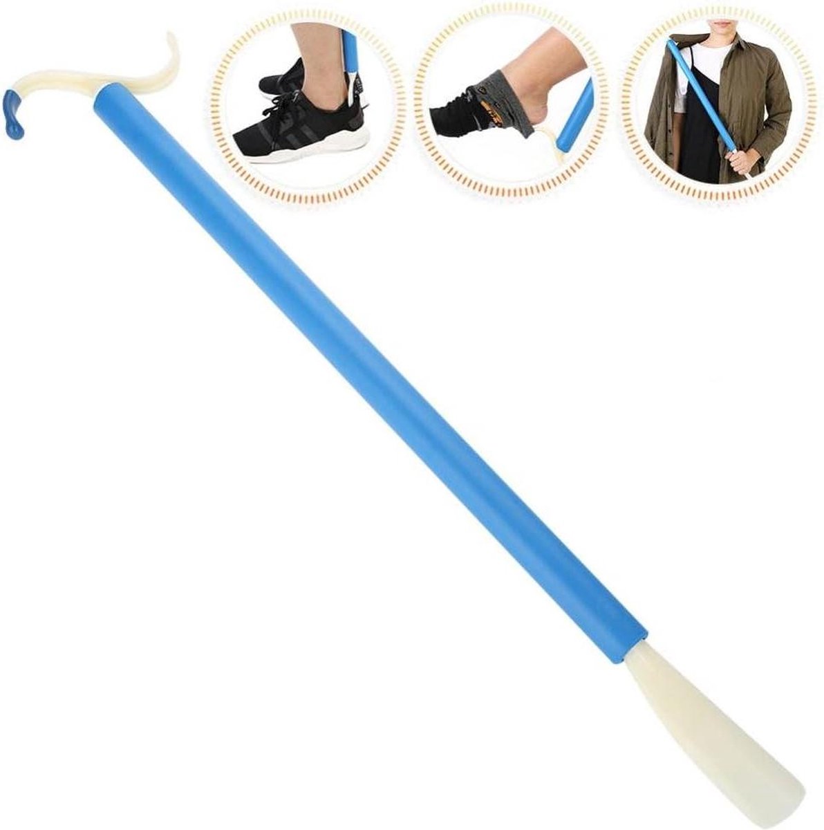 Schoenlepel-Aankleedstok 2 in 1 voor hulp bij het aankleden en sokken aantrekken met reikwijdte voor hangers - Vermindert vooroverbuigen en bevordert mobiliteit .