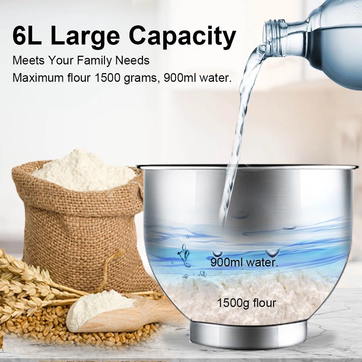 FIBILA 6L Keuken Stand Mixer - Keukenmachine - Voedselmixer - Keukenmizer Met Mengkom - Keukenmixers - 1200W DC Stille Motor - 6 Snelheden - Roestvrijstalen Kom - Tilt-Head Design - Inclusief Deeghaken, Kloppers en Garde - Stabiele Anti-Slip Voeten