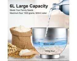 FIBILA 6L Keuken Stand Mixer - Keukenmachine - Voedselmixer - Keukenmizer Met Mengkom - Keukenmixers - 1200W DC Stille Motor - 6 Snelheden - Roestvrijstalen Kom - Tilt-Head Design - Inclusief Deeghaken, Kloppers en Garde - Stabiele Anti-Slip Voeten
