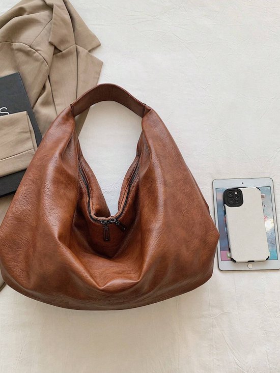 Hobo Tas voor Vrouwen, Chase Chic PU Lederen Dames Tas met Verstelbare Band, Trendy Grote Crossbody Schoudertas voor Werk, Reizen bruin