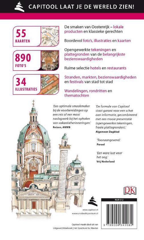 Achterkant Capitool Reisgids Oostenrijk met informatie: 55 kaarten, 890 foto's, 34 illustraties. Beschrijving van een stad met kerken en paleizen.