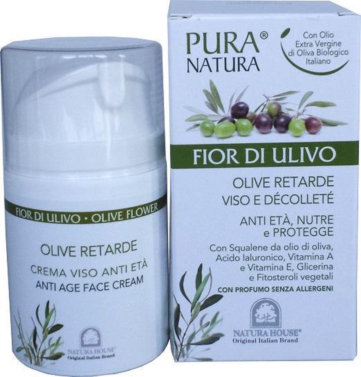 Pura Natura Olive Flower Anti-aging Dag & Nachtcrème in “Airless” Doseerpompje 50 ml.