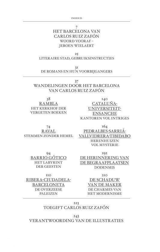 Inhoudsopgave van 'Het Barcelona van Carlos Ruiz Zafón', met hoofdstukken en paginanummers.