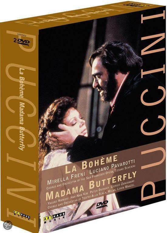 DVD-hoes met 'La Bohème' en 'Madama Butterfly' van Puccini. Mannen met baard omhelst vrouw met krullend haar.