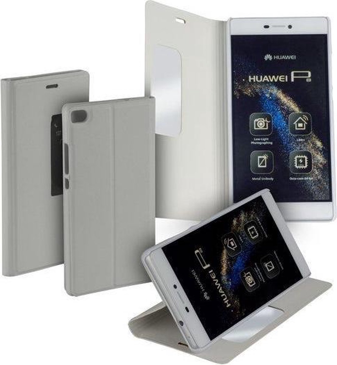 Wit flipcase met venster voor de Huawei P8 hoes